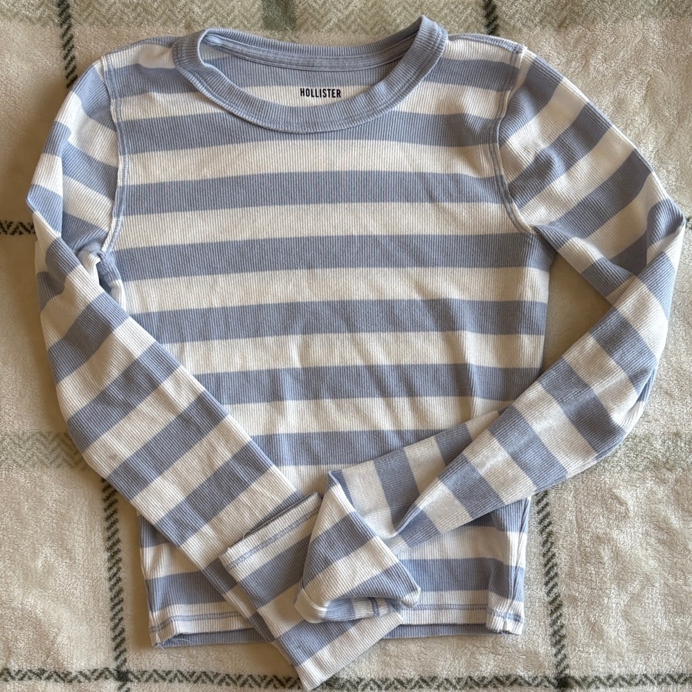 Hollister Ribbed Light Blue & White Striped Long Sleeve